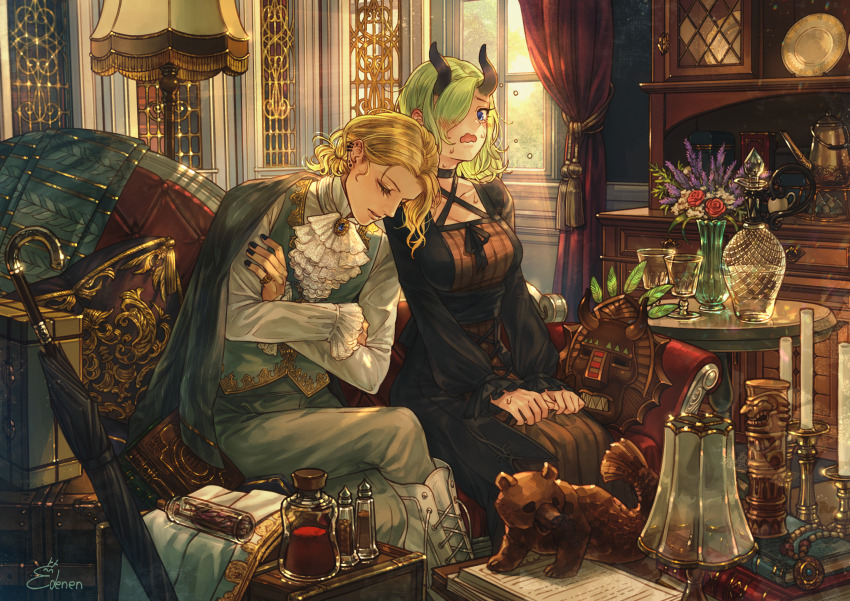 1boy 1girl aristocratic_clothes ascot bishounen black_choker black_dress black_nails book boots bottle brooch candle candlestand cape chaise_longue choker commentary_request cup curtains dress drinking_glass ear_piercing edenen-san flower flustered green_hair hair_over_one_eye hands_on_lap highres horns indoors jewelry kettle lamp leaning_on_person loaded_interior long_bangs long_sleeves low_ponytail mask medium_hair nervous_sweating open_mouth original pants parted_lips piercing pillow ponytail ring rose shirt short_ponytail signature sitting sleeping sweat table umbrella vase victorian wavy_mouth white_shirt window