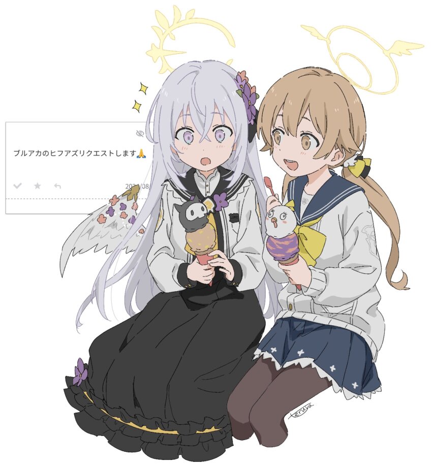 2girls :d :o artist_name azusa_(blue_archive) black_pantyhose black_sailor_collar black_skirt blue_archive blue_sailor_collar blue_skirt bow bowtie commentary_request crossed_bangs dot_nose double-parted_bangs feathered_wings flower food hair_between_eyes hair_flower hair_ornament halo hifumi_(blue_archive) highres holding holding_ice_cream_cone holding_spoon ice_cream ice_cream_cone invisible_chair long_sleeves looking_at_another medium_skirt miniskirt multiple_girls open_mouth pantyhose pleated_skirt purple_flower sailor_collar school_uniform serafuku shirt simple_background sitting skirt smile spoon teeth teruya_(6w6y) translation_request twintails upper_teeth_only white_background white_shirt white_wings wing_ornament winged_halo wings yellow_bow yellow_bowtie yellow_halo