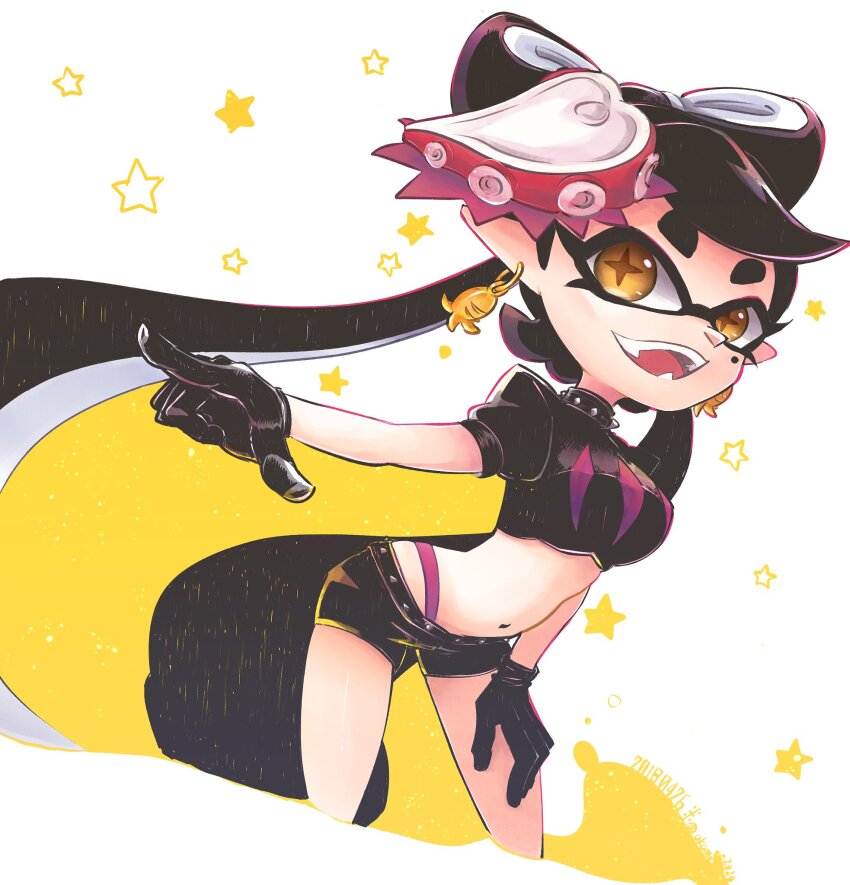 black_crop_top black_gloves black_hair black_leather black_leather_crop_top black_leather_gloves bow bow-shaped_hair breasts callie_(octo_idol_outfit)_(splatoon) callie_(splatoon) clothes collar colored_skin crop_top earrings eye_mask eyelashes gloves gold_earring hand_on_own_thigh highres jewelry leaning_forward long_hair medium_breasts midriff mole mole_under_eye multicolored_hair nintendo octopus_hair_ornament octopus_sausage_earrings okome_2g2g open_mouth panties pantyhose pink_leaf pink_panties pink_shiso_leaf pointing pointing_to_the_side pointy_ears sharp_teeth simple_background smile spiked_collar spikes splatoon_(series) splatoon_2 spotted_hair standing suction_cups symbol-shaped_pupils teeth tentacle_hair twintails underwear very_long_hair white_background white_skin yellow_eyes