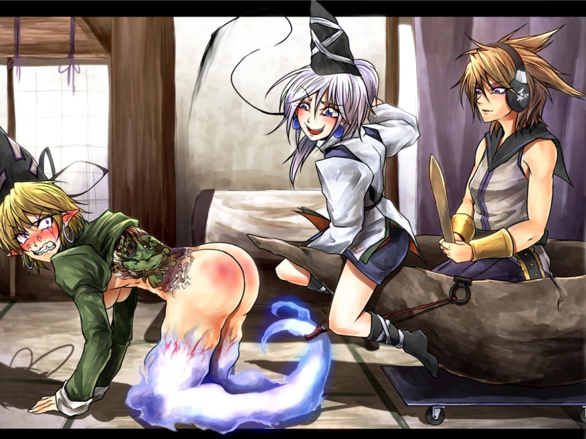 3girls anger_vein armlet ass blonde_hair blue_eyes blush boat bottomless breasts brown_hair clothes_lift dress dress_lift earmuffs earrings ghost_tail green_dress hanging_breasts hat hoop_earrings jewelry letterboxed long_hair manatsu_no_yo_no_inmu medium_breasts mononobe_no_futo multiple_girls multiple_tails open_mouth pointing ponytail purple_eyes raijin_(mythology) red_ass ritual_baton ryuuichi_(f_dragon) short_hair smile soga_no_tojiko spanked spanking tail tate_eboshi tattoo touhou toyosatomimi_no_miko underboob watercraft whip whipped