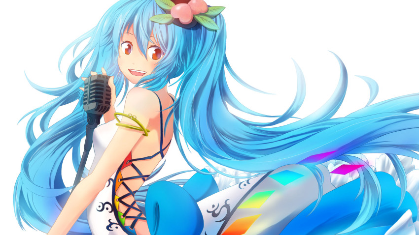 1girl adapted_costume alternate_costume alternate_hairstyle blue_hair cosplay female_focus food fruit gradient_eyes hair_ornament hatsune_miku hatsune_miku_(cosplay) hatsune_miku_(siren) highres hinanawi_tenshi holding kana_tako kochira_koufuku_anshin_iinkai_desu_(vocaloid) long_hair looking_at_viewer microphone microphone_stand multicolored_eyes open_mouth parody peach simple_background smile solo touhou twintails vintage_microphone vocaloid white_background