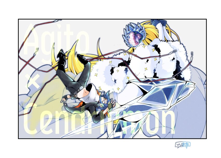 1boy 1girl absurdres armor belt blonde_hair blue_hair cendrillmon digimon highres long_hair mask