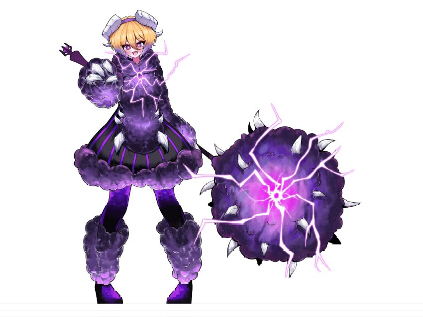 1girl black_dress blonde_hair claws don_quixote_(project_moon) dress e.g.o_(project_moon) electric_screaming_(e.g.o) electricity full_body fur-trimmed_sleeves fur_trim hairband hammer highres holding holding_hammer horns limbus_company looking_at_viewer open_mouth project_moon purple_dress purple_eyes purple_hairband purple_shoes ryemyang shoes short_hair simple_background smile solo white_background wool