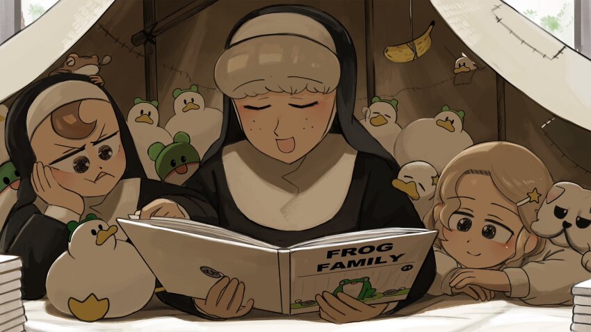 3girls animal animal_on_head bird book brown_eyes brown_hair bulldog chicken closed_eyes commentary diva_(hyxpk) dog duck english_commentary freckles frog frog_headband frog_on_head froggy_nun_(diva) grey_hair habit hair_ornament highres light_brown_hair little_nuns_(diva) little_star_girl_(diva) multiple_girls nun on_head reading sheep_nun_(diva) slice_of_life smile star_(symbol) star_hair_ornament traditional_nun
