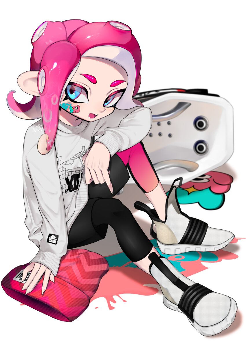 1girl absurdres beanie black_leggings black_shorts bloblobber_(splatoon) blue_eyes commentary_request full_body hat highres leggings leggings_under_shorts medium_hair nintendo octoling octoling_girl octoling_player_character open_mouth paint pink_hair print_sweater red_hat shoes shorts simple_background sitting smile solo splatoon_(series) splatoon_3 sweater tentacle_hair ujijino white_background white_sweater