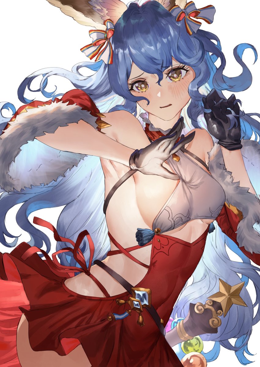 1girl absurdres animal_ears aochoku armpits black_gloves blue_eyes blue_hair blush bow breasts covered_navel dress ferry_(granblue_fantasy) gloves granblue_fantasy hair_bow hair_ribbon hair_spread_out hand_in_own_hair highres long_hair looking_at_another parted_lips red_dress ribbon self_exposure small_breasts solo thighs very_long_hair white_background