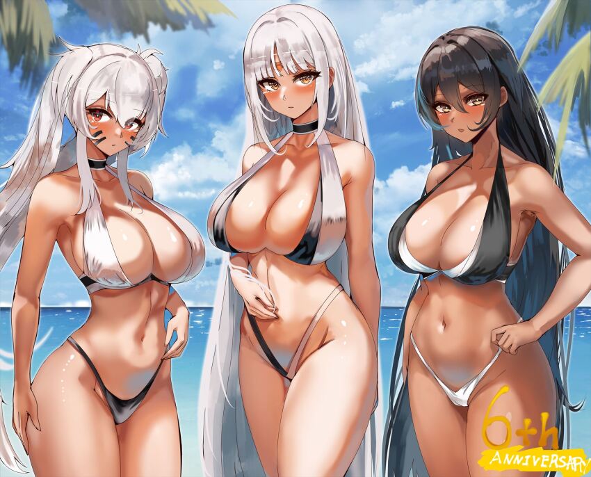 3girls alabama_(azur_lane) anniversary azur_lane bare_shoulders bikini black_bikini black_hair blue_sky breasts cleavage closed_mouth cloud cloudy_sky cowboy_shot highres large_breasts long_hair looking_at_viewer massachusetts_(azur_lane) multicolored_bikini multiple_girls navel ocean outdoors palm_tree paundo2 red_eyes sky south_dakota_(azur_lane) stomach swimsuit tree twintails two-tone_bikini very_long_hair water white_bikini white_hair yellow_eyes