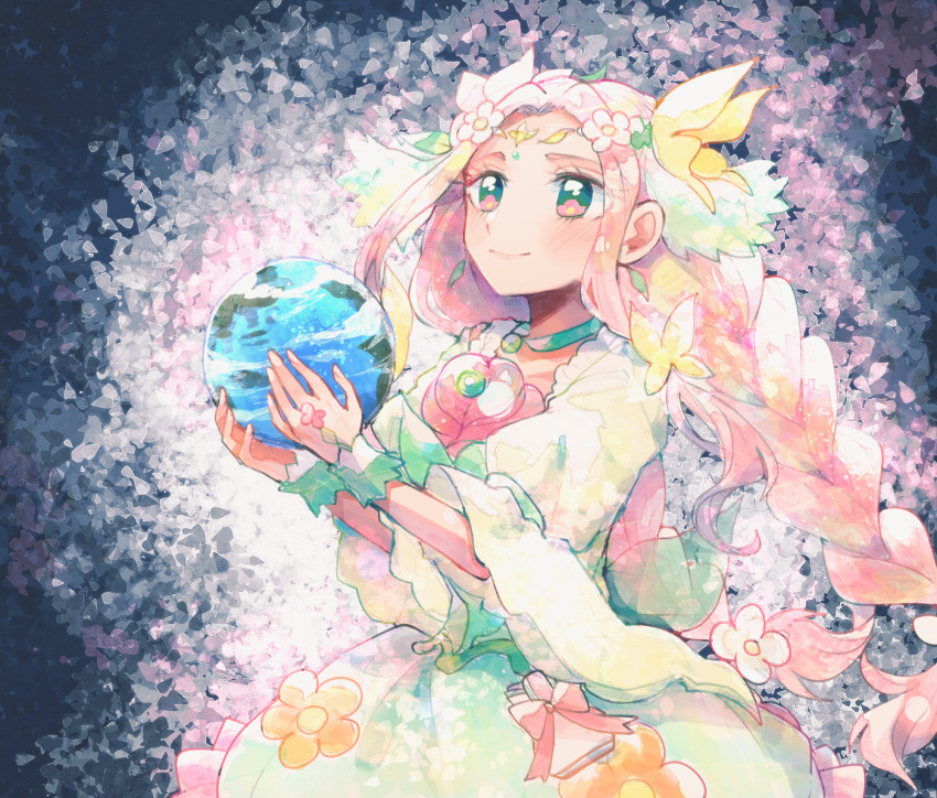 1girl bow braid brown_eyes closed_mouth cure_felice dress floating_hair flower hair_bow hair_flower hair_intakes hair_ornament hanami_kotoha itomugi-kun long_hair looking_up mahou_girls_precure! pink_hair precure smile solo twin_braids twintails very_long_hair white_dress white_flower wide_sleeves yellow_bow
