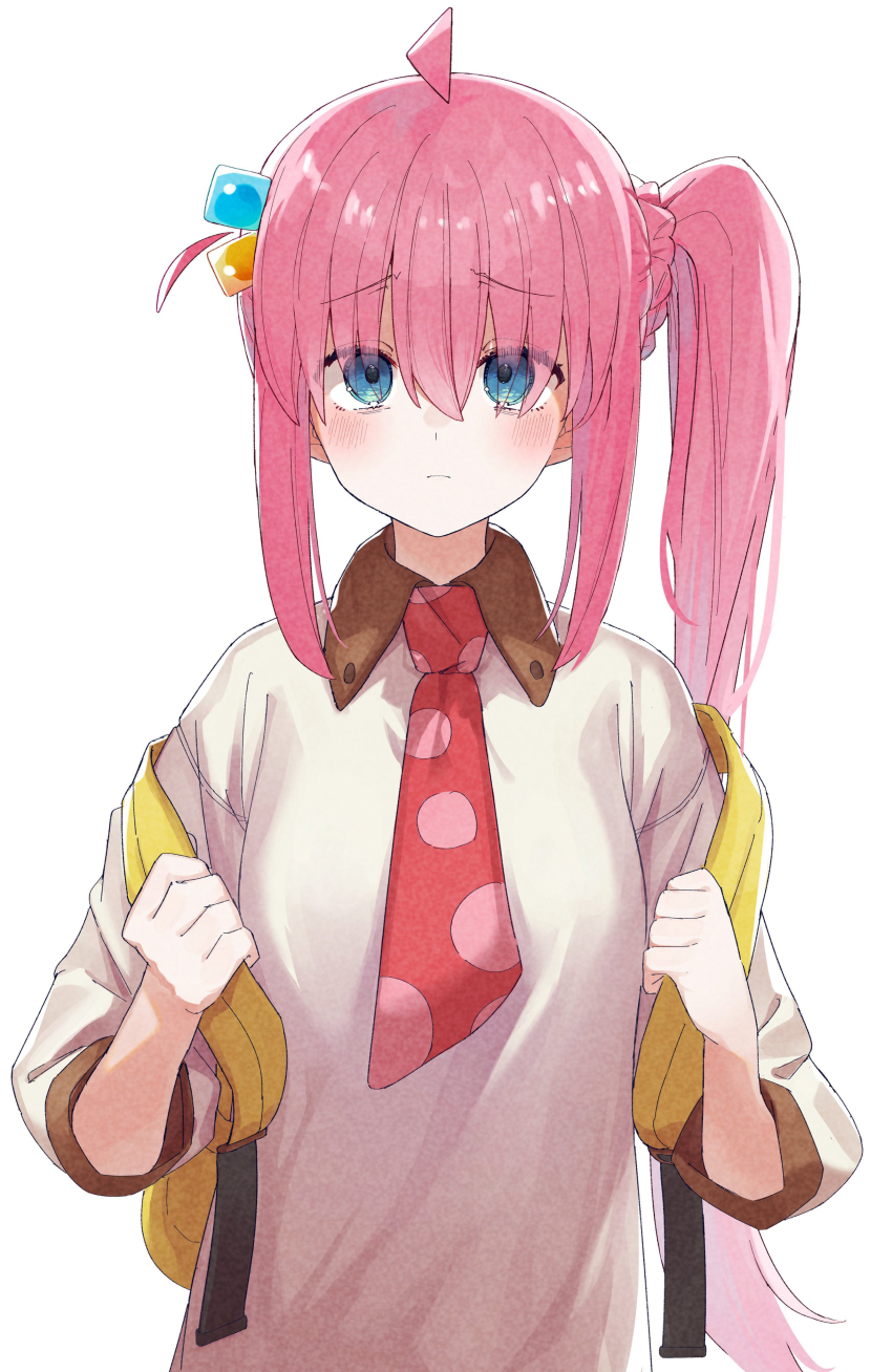 1girl absurdres ahoge alternate_hairstyle backpack bag blue_eyes blush bocchi_the_rock! collared_shirt cosplay cube_hair_ornament expressionless gotoh_hitori hair_between_eyes hair_ornament highres ijichi_nijika ijichi_nijika_(cosplay) long_hair looking_at_viewer necktie nenehotoso one_side_up pink_hair polka_dot_necktie shirt side_ponytail sidelocks simple_background solo straight-on upper_body very_long_hair white_background yellow_bag