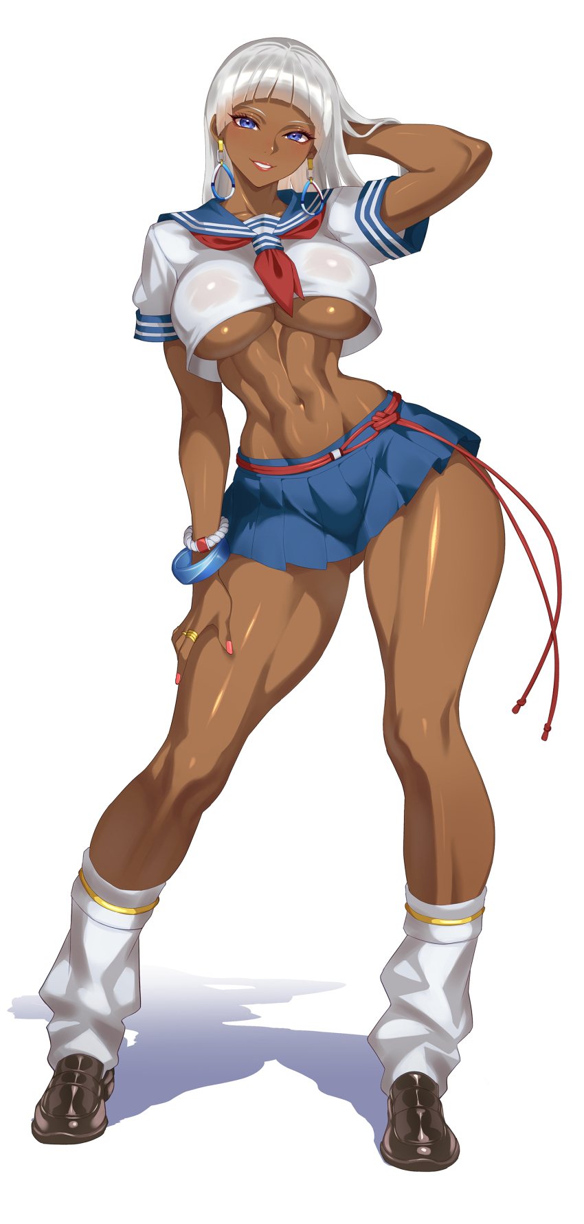 1girl absurdres alternate_costume arm_up blue_eyes blue_skirt bracelet breasts contrapposto cropped_shirt dark-skinned_female dark_skin earrings elena_(street_fighter) hatch_(hatch24601) highres jewelry large_breasts loose_socks medium_hair miniskirt navel pleated_skirt school_uniform serafuku shirt short_sleeves simple_background skirt smile socks solo stomach street_fighter street_fighter_6 underboob white_background white_hair white_shirt white_socks wide_hips