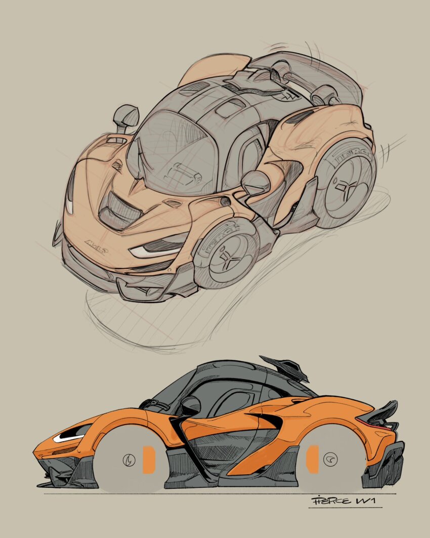 artist_name brown_background car chibi highres mclaren mclaren_w1 motor_vehicle multiple_views no_humans orange_car original simple_background vehicle_focus vehicle_name will_pierce