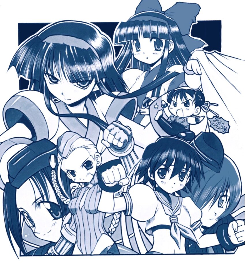 6+girls ainu_clothes black_hair braid breasts cammy_white capcom chibi chinese_clothes chun-li crossover double_bun dual_persona fingerless_gloves gloves hair_bun hair_over_one_eye headband highres hisashi_kadota juli_(street_fighter) juni_(street_fighter) kasugano_sakura kicking large_breasts legs leotard long_hair looking_at_viewer medium_breasts midriff monochrome multiple_girls murasaki_nakoruru nakoruru navel open_mouth pants school_uniform shadaloo_dolls short_hair skirt snk street_fighter the_king_of_fighters thighs twin_braids