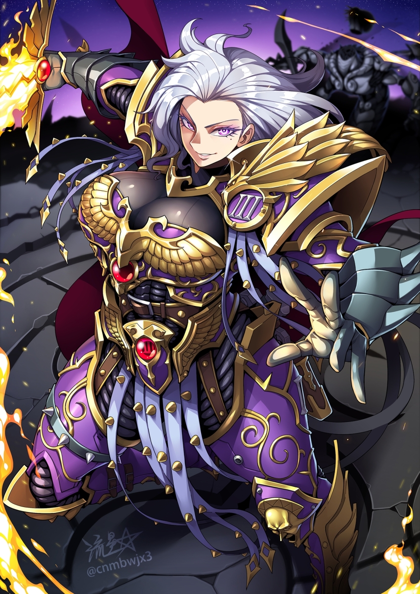 1girl aquila_(symbol) armor bird breasts cleavage decapitation eagle emperor&#039;s_children fire flaming_sword flaming_weapon fulgrim full_armor gauntlets genderswap genderswap_(mtf) highres holding holding_sword holding_weapon imperial_aquila large_breasts long_hair looking_at_viewer mole mole_under_eye ornate_armor pelvic_curtain power_armor power_sword primarch purple_armor purple_eyes ryuusei_(mark_ii) slashing smug solo sword warhammer_40k weapon white_hair