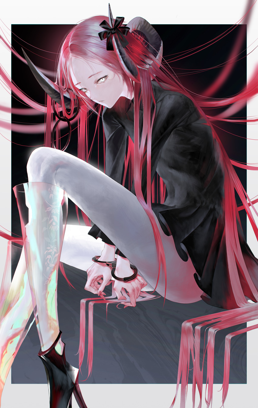1girl absurdly_long_hair absurdres arms_between_legs black_bow black_footwear black_horns border bow closed_mouth cuffs curled_horns eyelashes fingernails gradient_border grey_border grey_pantyhose handcuffs high_heels highres horn_bow horn_ornament horns long_hair looking_at_viewer mole mole_under_eye nail_polish original pantyhose pink_hair pink_nails red_hair see-through_clothes sitting slit_pupils solo tmt very_long_hair white_border white_eyes