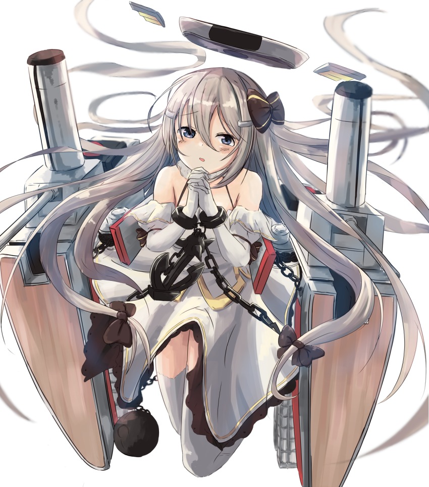 1girl azur_lane bare_shoulders black_bow blue_eyes bow chain commentary_request detached_sleeves doran_(dorannomai) fortune_(azur_lane) fortune_(retrofit)_(azur_lane) gloves grey_hair hair_between_eyes hair_bow halo highres long_hair looking_at_viewer mechanical_halo simple_background very_long_hair white_background white_gloves