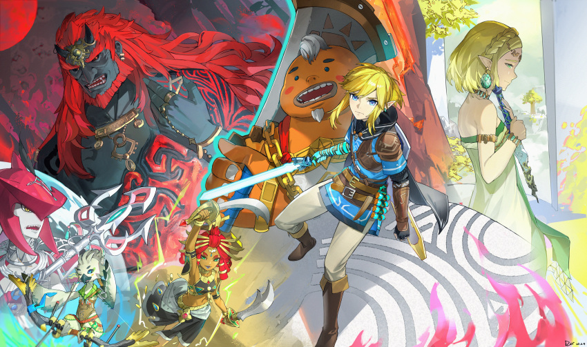 2girls 5boys absurdres arm_up armlet armor belt bird_boy black_sclera black_skirt blonde_hair blue_eyes blue_lips blue_tunic blush_stickers boots bow_(weapon) bracelet bracer braid broken broken_sword broken_weapon brown_belt brown_footwear chain champion&#039;s_tunic_(zelda) chinese_commentary circlet closed_mouth colored_sclera colored_skin commentary_request crop_top crown_braid dark-skinned_female dark_skin demon_horns dor_m dress dual_wielding earrings electricity facial_hair feathers fish_boy fold-over_boots ganondorf gerudo goatee goron greatsword green_eyes grey_pants grey_skin hand_up headpiece highres holding holding_bow_(weapon) holding_polearm holding_sword holding_weapon horns jewelry knee_boots layered_sleeves link long_hair long_sleeves looking_at_viewer master_sword midriff moon multiple_boys multiple_girls nintendo open_mouth pants pointy_ears polearm princess_zelda red_eyes red_hair red_moon riju rito scimitar sharp_teeth short_hair short_over_long_sleeves short_sleeves shoulder_armor sidelocks sidon skirt strapless strapless_dress sword teeth the_legend_of_zelda the_legend_of_zelda:_tears_of_the_kingdom trident tulin_(zelda) tunic weapon white_dress white_feathers white_hair yunobo zora