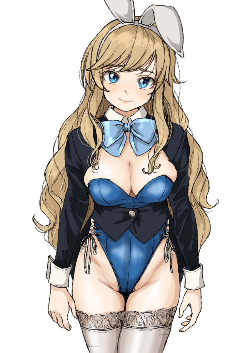 1girl absurdres animal_ear_hairband animal_ears black_shirt blonde_hair blue_bow blue_bowtie blue_eyes blue_leotard blush bow bowtie breasts brown_thighhighs cleavage commentary fake_animal_ears gatsby_ssl groin hairband highres idolmaster idolmaster_cinderella_girls leotard long_hair long_sleeves looking_at_viewer medium_breasts ohtsuki_yui playboy_bunny rabbit_ears shirt solo thighhighs thighs wavy_hair wrist_cuffs