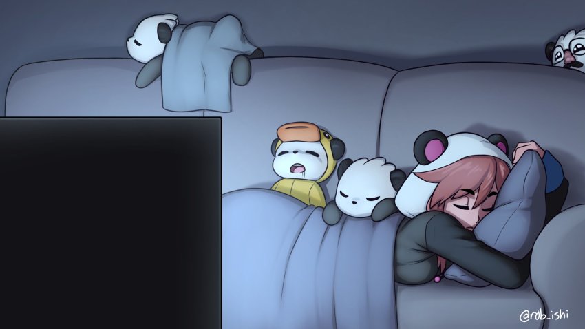 1girl animal_ears animal_hood artist_name blanket breasts brown_hair closed_eyes commentary couch duck_costume fake_animal_ears fake_beard fake_facial_hair highres hood indoors long_sleeves lying medium_breasts medium_hair hugging_object on_couch on_stomach open_mouth original panda panda_ears panda_hood pillow pillow_hug rob_ishi sleeping solo television twitter_username under_covers