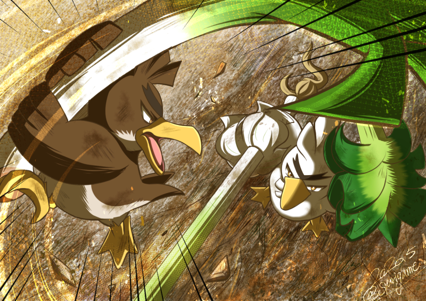 bird brown_eyes dated debris dirty duck duel evolutionary_line fighting food galarian_farfetch&#039;d galarian_form gen_8_pokemon holding holding_food holding_vegetable motion_lines nintendo no_humans open_mouth outdoors pokemon pokemon_(creature) shuri_(syurigame) signature sirfetch&#039;d solo thick_eyebrows v-shaped_eyebrows vegetable
