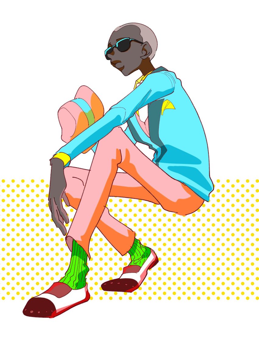 1boy arm_on_own_leg blue_coat coat cyborg cyborg_009 dark_skin full_body green_socks hat highres holding holding_unworn_clothes holding_unworn_hat looking_to_the_side orange_hat orange_pants pants pyunma shirt shoes short_hair sitting socks soldier sunglasses unworn_hat unworn_headwear webisu_(ebis1006) white_shoes yellow_shirt