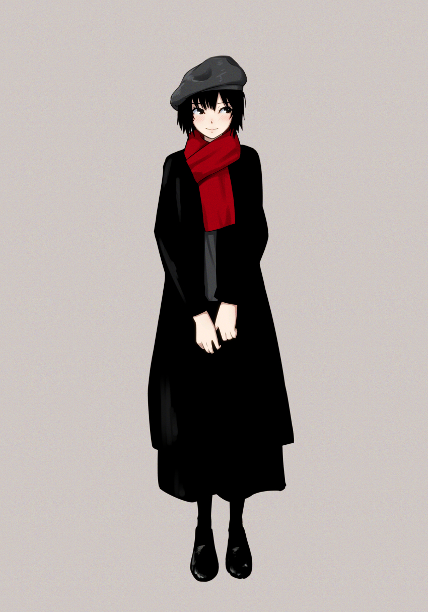 1girl absurdres amagami beret black_coat black_eyes black_hair black_scarf black_shoes black_skirt black_socks blush closed_mouth coat commentary film_grain full_body grey_background grey_hat grey_shirt hair_between_eyes hat highres light_blush light_smile long_skirt long_sleeves looking_to_the_side looking_up nanasaki_ai open_clothes open_coat oshizu own_hands_together pensive scarf shirt shoes short_hair simple_background skirt socks solo v_arms winter_clothes