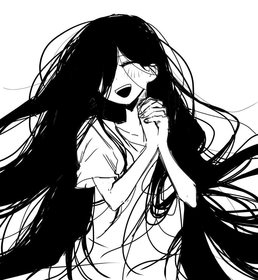 1girl :d ^_^ closed_eyes collarbone commentary dress fingernails greyscale hair_over_one_eye hair_over_shoulder hands_up high_contrast highres long_hair mari_(faraway)_(omori) mari_(omori) mari_(spirit)_(omori) messy_hair monochrome omori open_mouth own_hands_clasped own_hands_together rou_(h_s_sinrin) short_sleeves smile solo spoilers symbol-only_commentary teeth upper_body upper_teeth_only very_long_hair