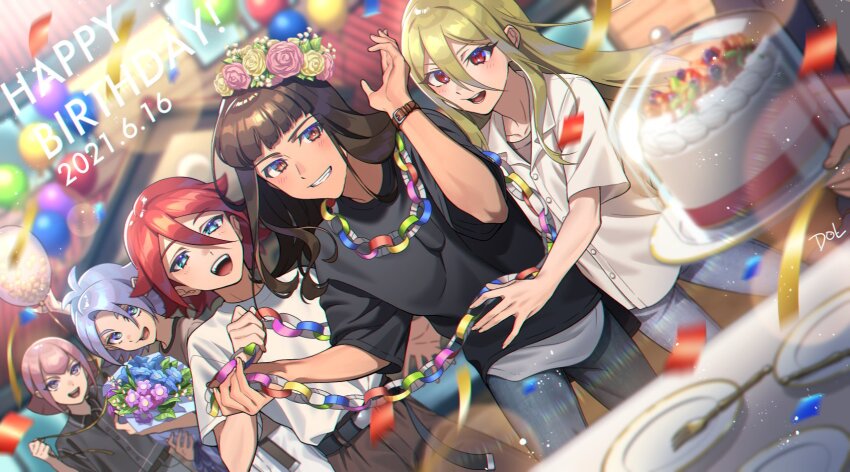 5boys afuro_terumi balloon belt birthday birthday_cake black_belt black_shirt blonde_hair blue_pants blush bouquet brown_hair brown_pants buckle cake collared_shirt confetti dated dolustoy flower food fork fubuki_shirou grey_hair happy_birthday highres holding holding_bouquet inazuma_eleven_(series) kiyama_hiroto long_hair male_focus michinari_tatsumi multiple_boys open_mouth pants pink_hair plate red_hair shimozuru_arata shirt smile watch white_pants white_shirt wristwatch