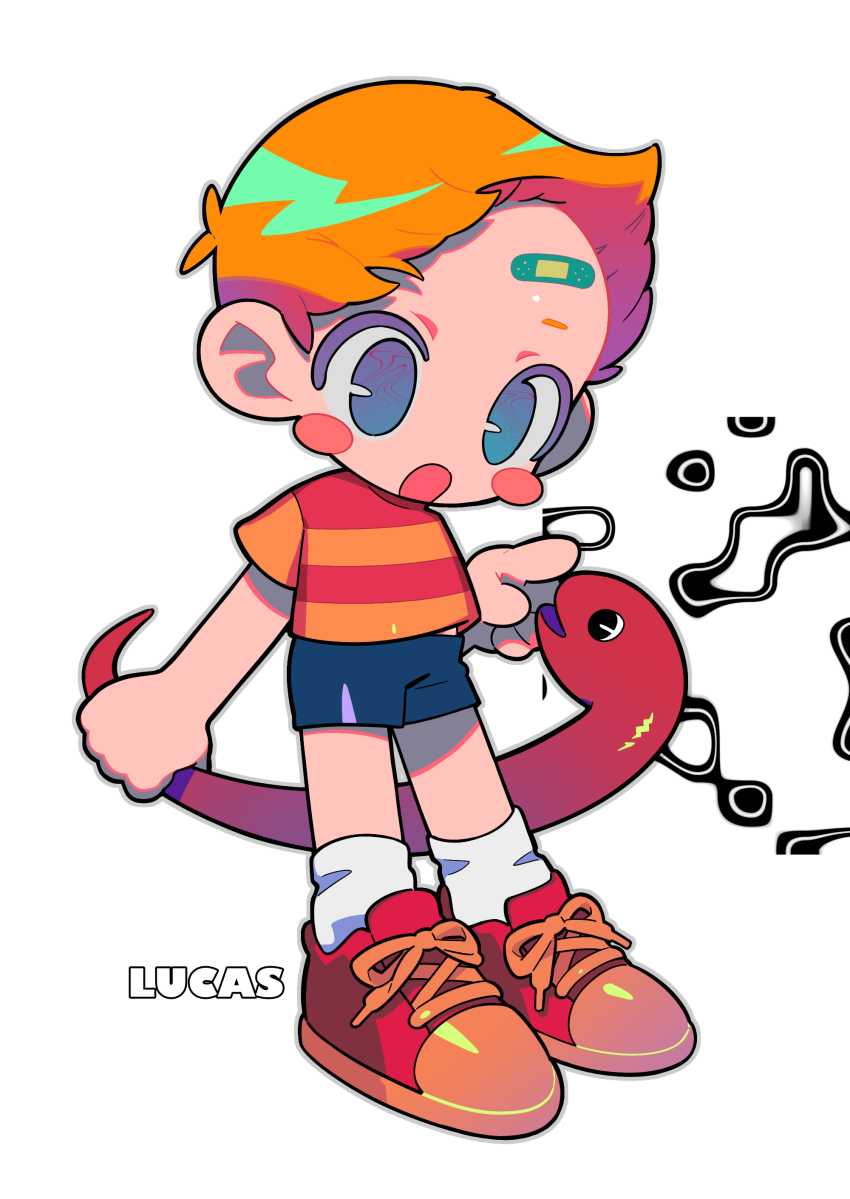 1boy absurdres bandaid bandaid_on_face blonde_hair blue_eyes blue_shorts blush character_name chibi chibi_only child food fruit full_body highres holding holding_another&#039;s_tail holding_food holding_fruit laces looking_ahead lucas_(mother_3) male_focus mi_(33tb) mother_(series) mother_3 nintendo open_mouth pointing red_shoes shirt shoes short_hair shorts simple_background snake sneakers socks striped_clothes striped_shirt tail white_background white_socks