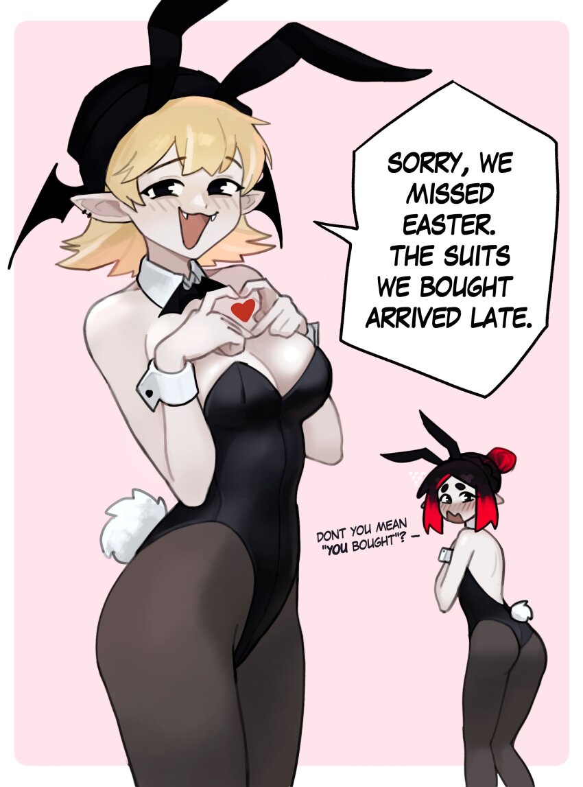 absurdres ass bat_wings beanie black_hair blonde_hair blush breasts colored_skin earrings eleanor_(justadrian) embarrassed english_text fang hat heart heart_hands highres jewelry justadrian_(yoadriandk) leotard multicolored_hair original playboy_bunny pointy_ears red_hair scarlett_(justadrian) short_hair small_breasts smile two-tone_hair vampire wings