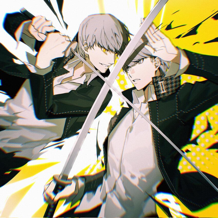2boys battle black_jacket blurry depth_of_field dual_persona grey_eyes grey_hair hashtag-only_commentary highres holding holding_sword holding_weapon jacket lluyss multiple_boys narukami_yu persona persona_4 school_uniform shadow_yu shirt sword weapon white_background white_shirt yasogami_school_uniform yellow_background yellow_eyes