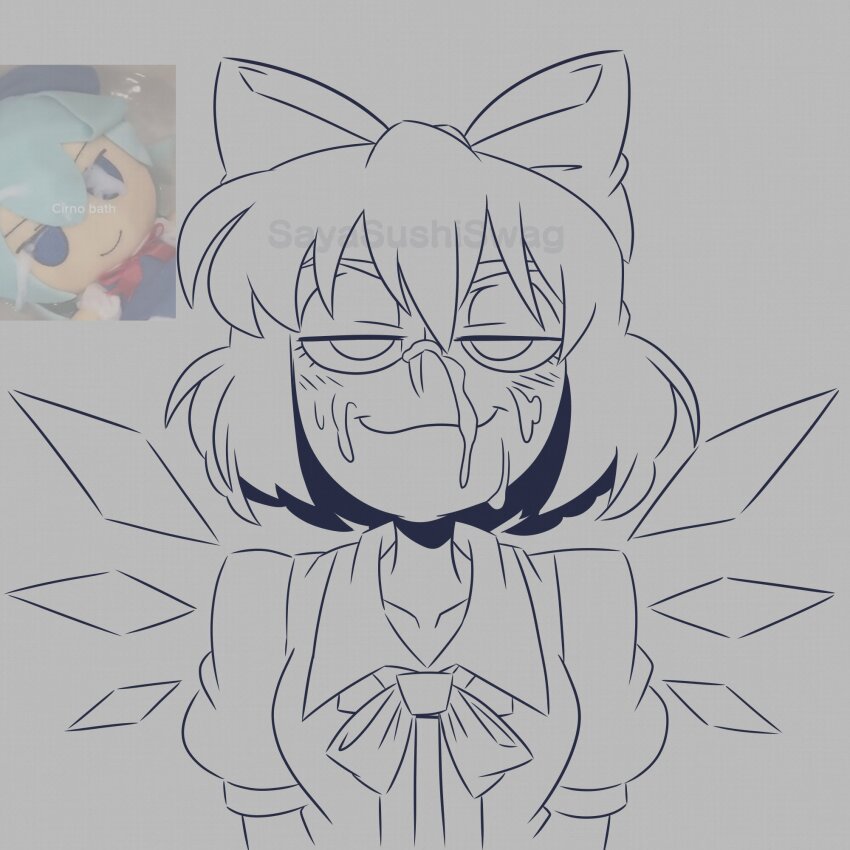 1girl blush bow cirno collarbone collared_shirt grey_background highres ice ice_wings looking_at_viewer monochrome neck_ribbon photo-referenced photo_inset puffy_sleeves ribbon sayasushiswag shirt short_hair short_sleeves smile solo suggestive_fluid touhou wings