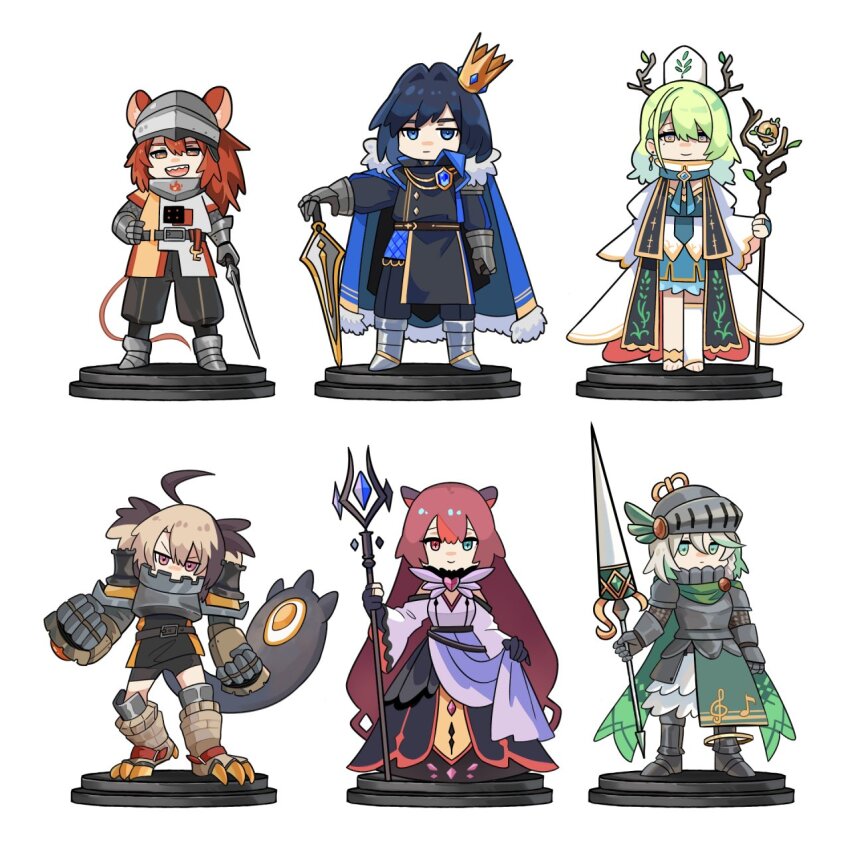 ahoge animal_ears armor brown_hair cape cecilia_immergreen ceres_fauna colored_inner_hair crown dress fongban_illust gauntlets gigi_murin green_eyes green_hair grey_hair hakos_baelz helm helmet highres hololive hololive_english irys_(hololive) lance long_hair multicolored_hair multiple_girls open_mouth ouro_kronii pedestal polearm priest short_hair staff streaked_hair sword tail two-tone_hair virtual_youtuber weapon white_background winding_key