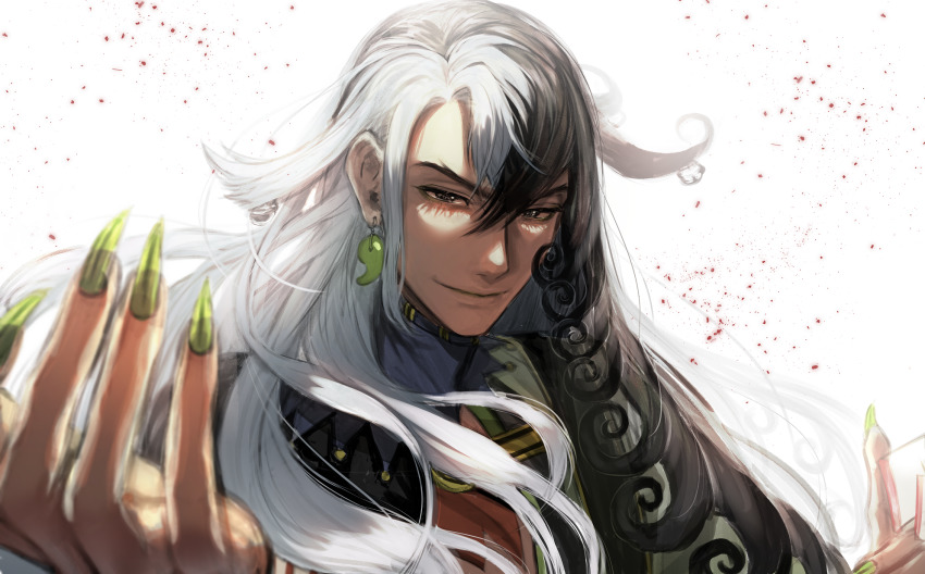 1boy ashiya_douman_(fate) asymmetrical_clothes asymmetrical_hair backlighting bell black_eyes black_hair blurry blurry_foreground curly_hair earrings fate/grand_order fate_(series) fingernails green_kimono green_nails hair_bell hair_between_eyes hair_intakes hair_ornament highres japanese_clothes jewelry kimono long_hair magatama magatama_earrings male_focus multicolored_hair nail_polish open_clothes open_hands open_kimono ribbed_sleeves sharp_fingernails smile solo split-color_hair two-tone_hair upper_body very_long_fingernails very_long_hair white_hair yuta_arata