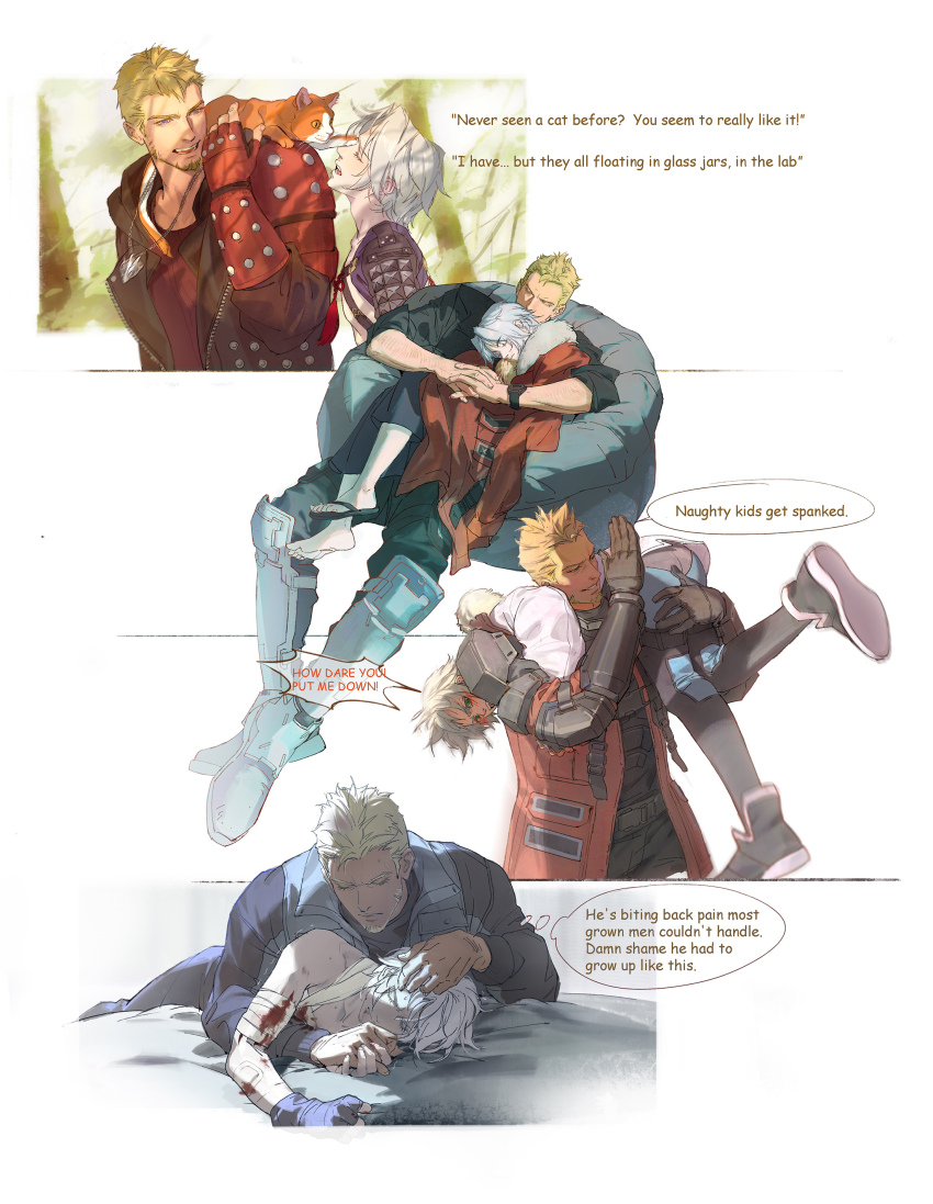 2boys absurdres animal animal_on_shoulder armor armored_boots bandaged_arm bandages beard black_gloves black_pantyhose black_wetsuit blonde_hair blue_eyes boots cat cat_on_shoulder chain chain_necklace closed_eyes coat coat_on_shoulders commentary english_commentary english_text facial_hair final_fantasy final_fantasy_vii final_fantasy_vii_ever_crisis fingerless_gloves furrowed_brow glenn_lodbrok gloves grey_hair hand_on_another&#039;s_head highres jewelry luluzhang998873 male_focus multiple_boys necklace open_mouth pantyhose parted_bangs parted_lips red_coat red_gloves sephiroth sephiroth_(celebratory_garb) sephiroth_(ever_crisis) sephiroth_(natant_jacket) short_hair shoulder_armor sitting sitting_on_lap sitting_on_person sleeping smile spanking tassel topless_male upper_body white_background white_coat yaoi