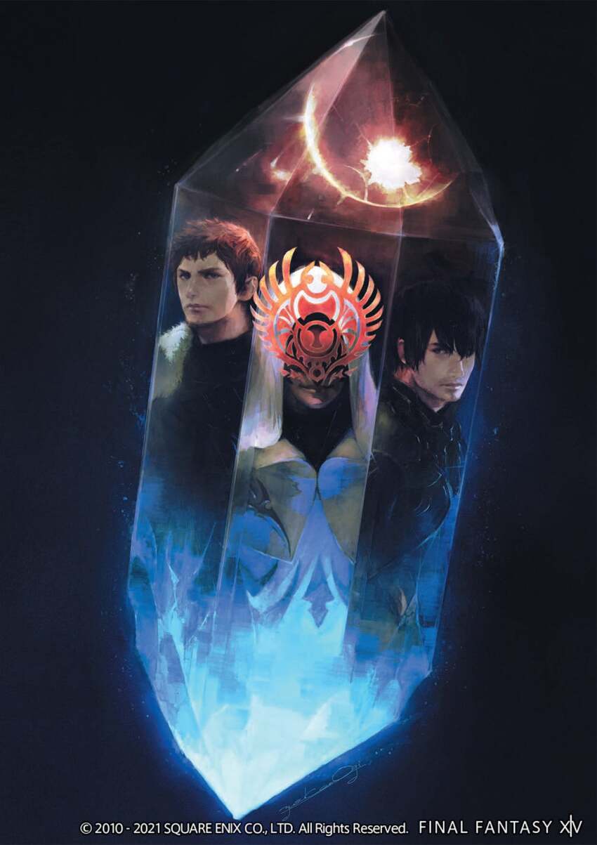 3boys adventurer_(ff14) ardbert_hylfyst artbook black_background black_hair blue_eyes brown_hair copyright_name copyright_notice covered_eyes crystal dalamud_(moon) elidibus english_text final_fantasy final_fantasy_xiv fur_trim glowing glowing_crystal glyph highres hood hood_up hooded_robe hyur looking_at_viewer male_focus mogi_yuusuke moon multiple_boys official_art red_moon robe short_hair signature smile upper_body warrior_of_light_(ff14) white_robe