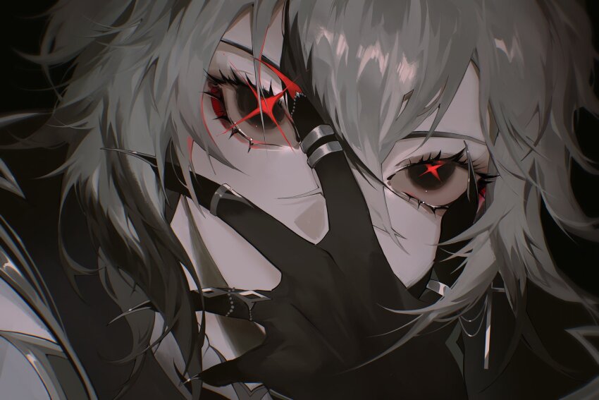 1girl arlecchino_(genshin_impact) black_eyes black_gloves black_hair close-up coat covering_own_mouth cross cross_earrings daznutzs earrings fingernail_gloves genshin_impact gloves grey_hair hair_between_eyes hand_over_own_mouth highres jewelry long_hair looking_at_viewer multicolored_hair multiple_rings red_eyes ring solo streaked_hair symbol-shaped_pupils white_coat x-shaped_pupils