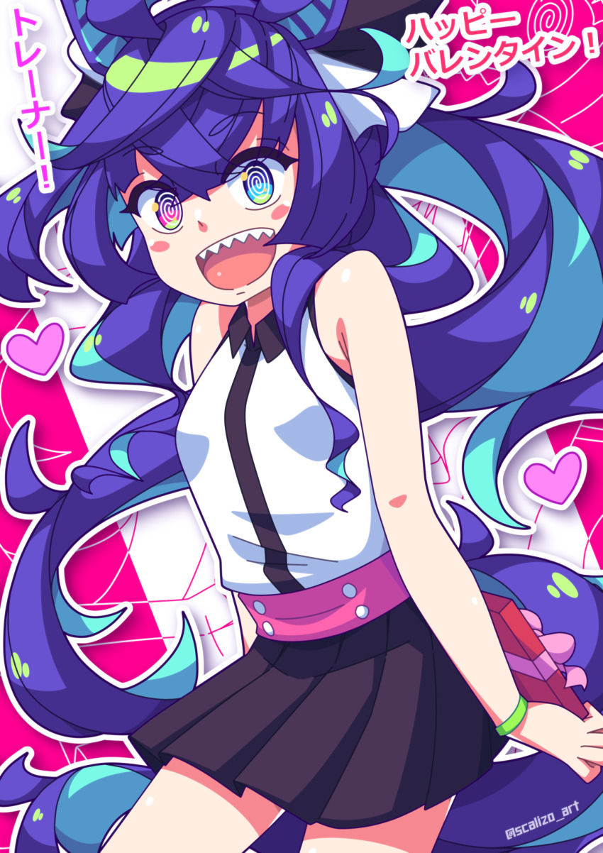 1girl @_@ animal_ears artist_name blue_eyes blue_hair blush commentary crossed_bangs english_commentary english_text hair_between_eyes heart highres horse_girl long_hair looking_at_viewer multicolored_hair open_mouth outline purple_hair scalizo sharp_teeth sleeveless smile solo tail teeth translation_request twin_turbo_(umamusume) twitter_username two-tone_hair umamusume upper_teeth_only valentine white_outline