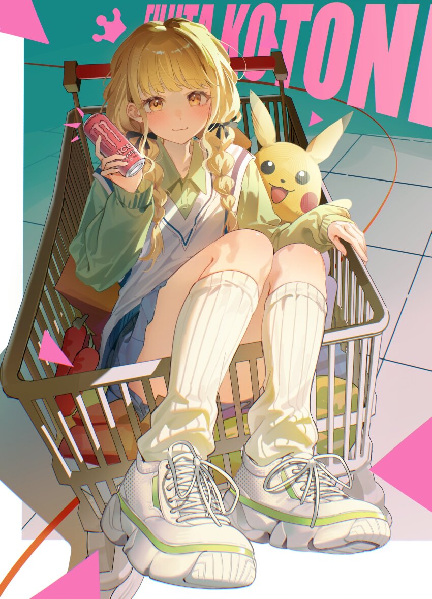 1girl absurdres blonde_hair blue_skirt blush braid can carrot character_name closed_mouth collared_shirt commentary creatures_(company) drink_can energy_drink fujita_kotone gakuen_idolmaster game_freak gen_1_pokemon green_shirt hands_up highres holding holding_can idolmaster in_shopping_cart kitk_qun long_hair looking_at_viewer loose_socks miniskirt monster_energy nintendo pikachu pleated_skirt pokemon shirt shoes skirt smile sneakers socks solo symbol-only_commentary twin_braids vest white_shoes white_socks white_vest yellow_eyes