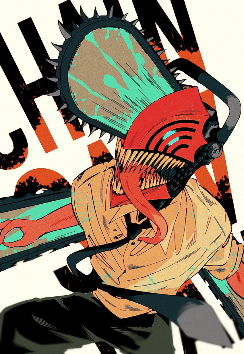 1boy black_necktie black_pants blood bloody_weapon chainsaw chainsaw_man collared_shirt denji_(chainsaw_man) glowing highres hybrid llq9ull necktie open_mouth pants sharp_teeth shirt simple_background sleeves_rolled_up solo stylized_blood teeth tongue tongue_out weapon white_background white_shirt
