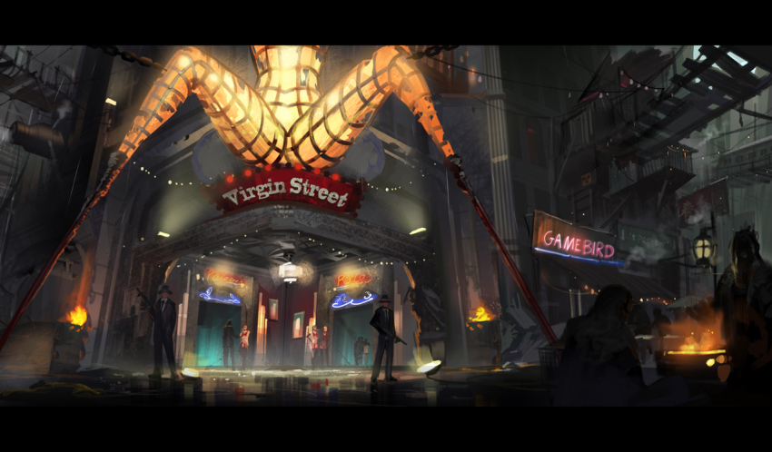 4girls 6+boys alphonse_(white_datura) bad_id bad_pixiv_id fallout fallout_2 gun hat multiple_boys multiple_girls new_reno night scenery urban weapon