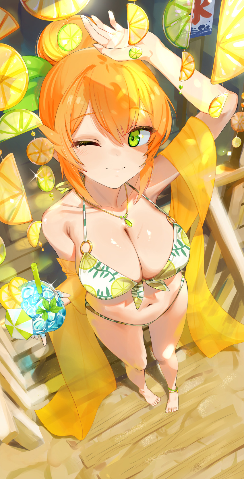 1girl absurdres anklet arm_up armpit_crease armpits bikini breasts cleavage cocktail cocktail_umbrella collarbone commentary drink eltir food foreshortening fruit full_body glint green_eyes hair_between_eyes hair_bun highres hinatsuki_mikan holding holding_drink jewelry large_breasts lemon lemon_slice looking_at_viewer machikado_mazoku navel necklace o-ring o-ring_bikini o-ring_top one_eye_closed orange_hair orange_shawl shawl smile solo sweat swimsuit symbol-only_commentary