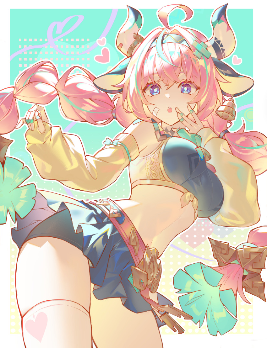 1girl absurdres ahoge animal_ears aqua_bow aqua_bowtie aqua_hair bandaid bandaid_on_cheek bandaid_on_face bandaid_on_horn bell bell_earrings black_skirt bow bowtie braid breasts bright_pupils cow_ears cow_girl cow_horns cowbell detached_sleeves dogae dot_nose ear_bell earrings genshin_impact gradient_background hair_between_eyes hair_ornament hairband heart heart_print highres horns jewelry long_hair low_twin_braids medium_breasts midriff miniskirt multicolored_hair multicolored_hairband multiple_rings navel pink_bandaid pink_hair print_thighhighs purple_eyes red_bow red_bowtie ring single_thighhigh skirt solo streaked_hair surprised tattoo thighhighs twin_braids two-tone_bow two-tone_bowtie varesa_(genshin_impact) very_long_hair white_horns x_hair_ornament yellow_sleeves