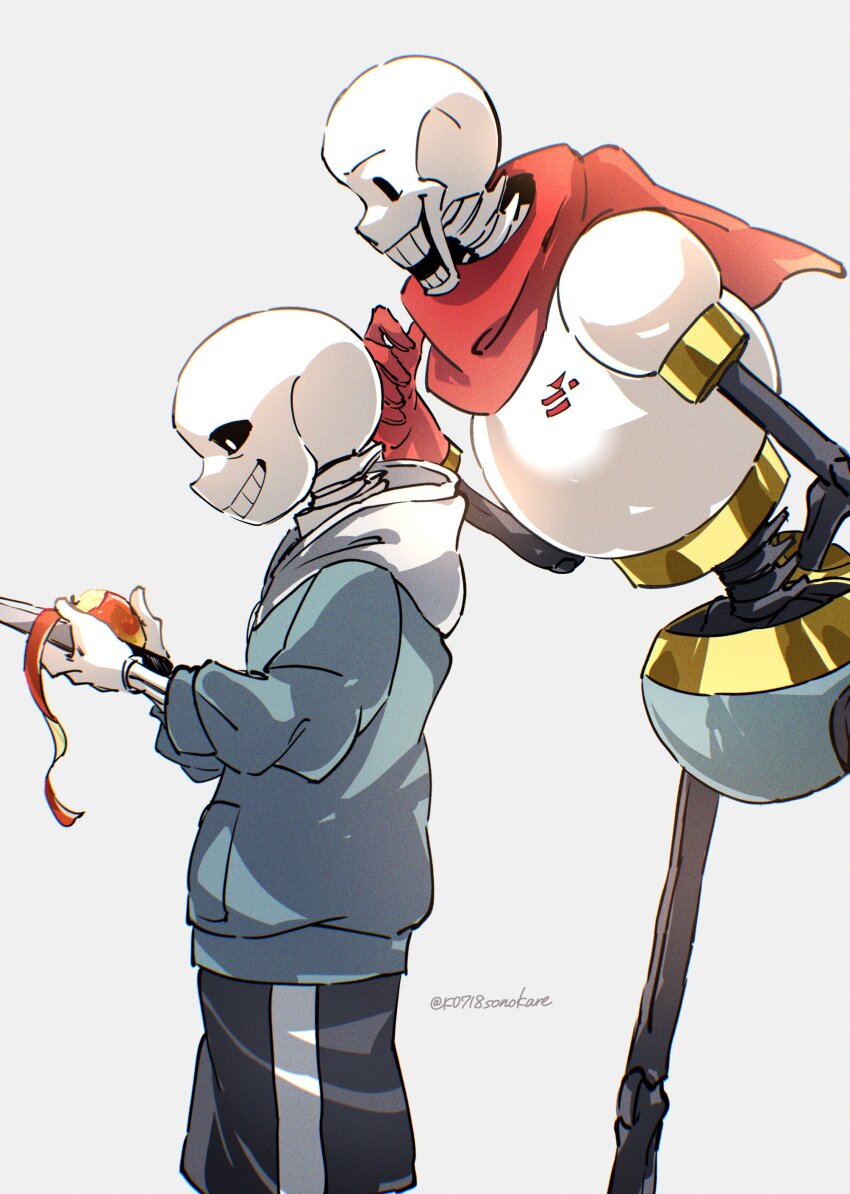 2boys absurdres black_sclera black_shorts blue_jacket brothers cape colored_sclera commentary cowboy_shot food from_side fruit gloves grey_background grin hand_up height_difference highres holding holding_food holding_fruit holding_knife hood hood_down hooded_jacket jacket knife long_sleeves male_focus multiple_boys open_mouth papyrus_(undertale) peeling profile red_cape red_gloves sans_(undertale) shorts siblings signature simple_background skeleton smile sonokare standing twitter_username undertale white_gloves