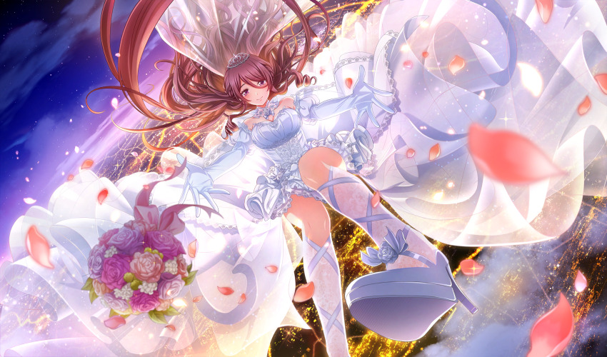 blurry boots bouquet bridal_veil cinderella_series depth_of_field dress dutch_angle elbow_gloves falling falling_petals flower foot_out_of_frame frilled_dress frills game_cg gloves hachigatsu_no_cinderella_nine hair_between_eyes highres honjo_chikage long_hair looking_at_viewer night non-web_source official_art outdoors petals pink_petals purple_eyes purple_hair reaching reaching_towards_viewer sky smile strapless strapless_dress veil very_long_hair wavy_hair wedding_dress white_dress white_footwear white_gloves