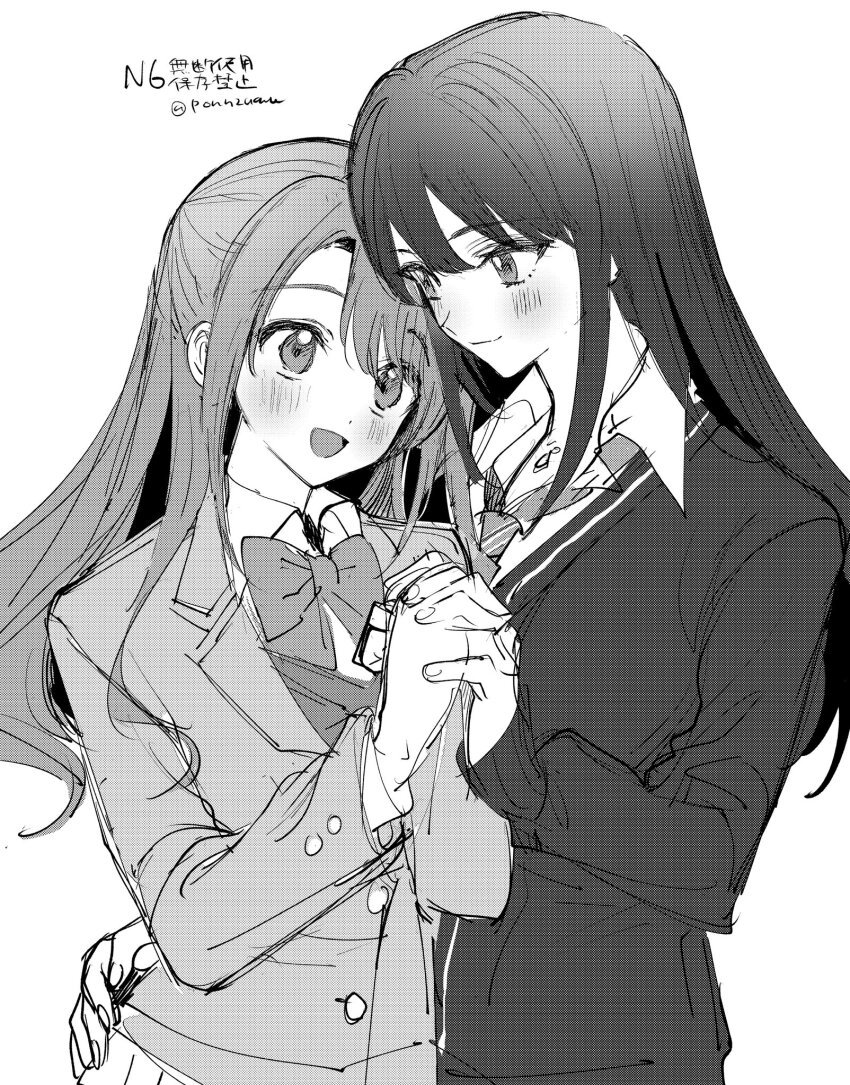 2girls amezawa_koma blush bow bowtie closed_mouth collared_shirt commentary greyscale highres holding_hands idolmaster idolmaster_cinderella_girls interlocked_fingers jacket long_hair looking_at_another monochrome multiple_girls necktie open_mouth school_uniform shibuya_rin shimamura_uzuki shirt smile translation_request yuri