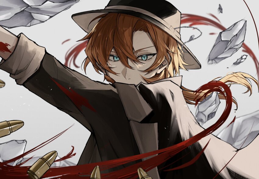 1boy arm_up black_hat black_jacket black_shirt blood blue_eyes bullet bungou_stray_dogs debris fedora hat highres jacket jacket_on_shoulders lie_nnn long_hair looking_at_viewer male_focus nakahara_chuuya orange_hair shirt sleeves_rolled_up solo tsurime upper_body white_background
