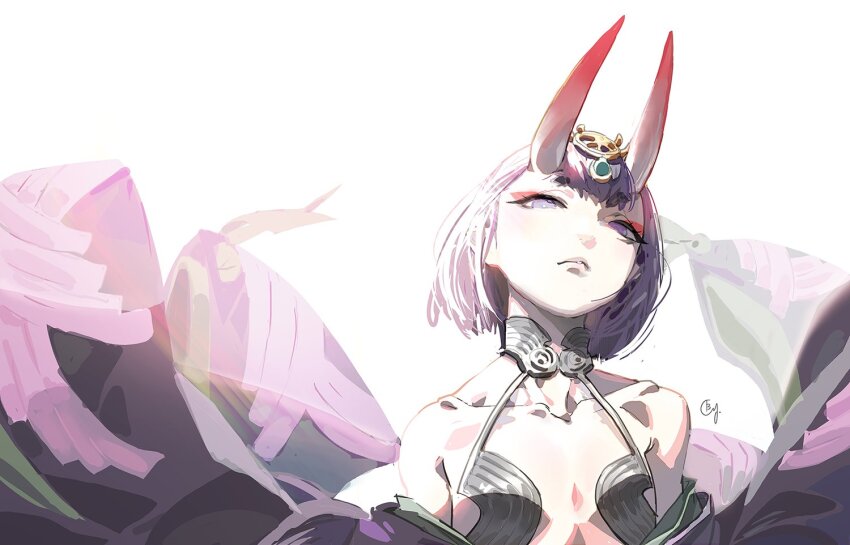 1girl b.c.n.y. cropped_torso fate/grand_order fate_(series) flat_chest looking_at_viewer medium_hair oni purple_eyes purple_hair shuten_douji_(fate) solo white_background