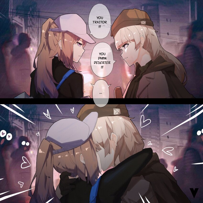 ... 2girls 2koma angry baseball_cap beanie blonde_hair blue_eyes brown_hair comic crowd earrings english_text girls&#039;_frontline hat highres incest jewelry kiss long_hair multiple_girls scar-h_(girls&#039;_frontline) scar-l_(girls&#039;_frontline) shared_speech_bubble siblings sisters speech_bubble spoken_ellipsis variasii white_headwear yuri
