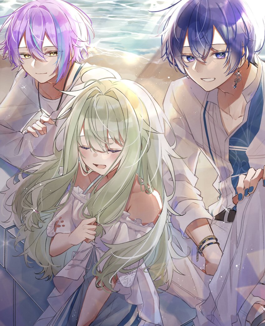 1girl 2boys beach blue_eyes blue_hair blush closed_eyes crossed_arms green_hair highres kaito_(vocaloid) kamishiro_rui kanaria_wa_kyuukyou_ni_utau_(project_sekai) kusanagi_nene long_hair low-tied_sidelocks multicolored_hair multiple_boys ocean parted_lips project_sekai purple_hair sand sidelocks smile streaked_hair sweater vocaloid wanderlands_k white_sweater wonderlands_x_showtime_(project_sekai) wonderlands_x_showtime_kaito yellow_eyes
