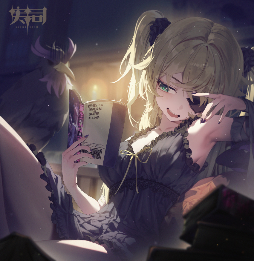 1girl absurdres arm_up armpits artist_name bird black_camisole black_nails blonde_hair book breasts camisole candle commentary_request crow eyepatch fischl_(genshin_impact) genshin_impact green_eyes highres holding holding_book knee_up medium_breasts open_mouth oz_(genshin_impact) reading sitting solo sushispin two_side_up